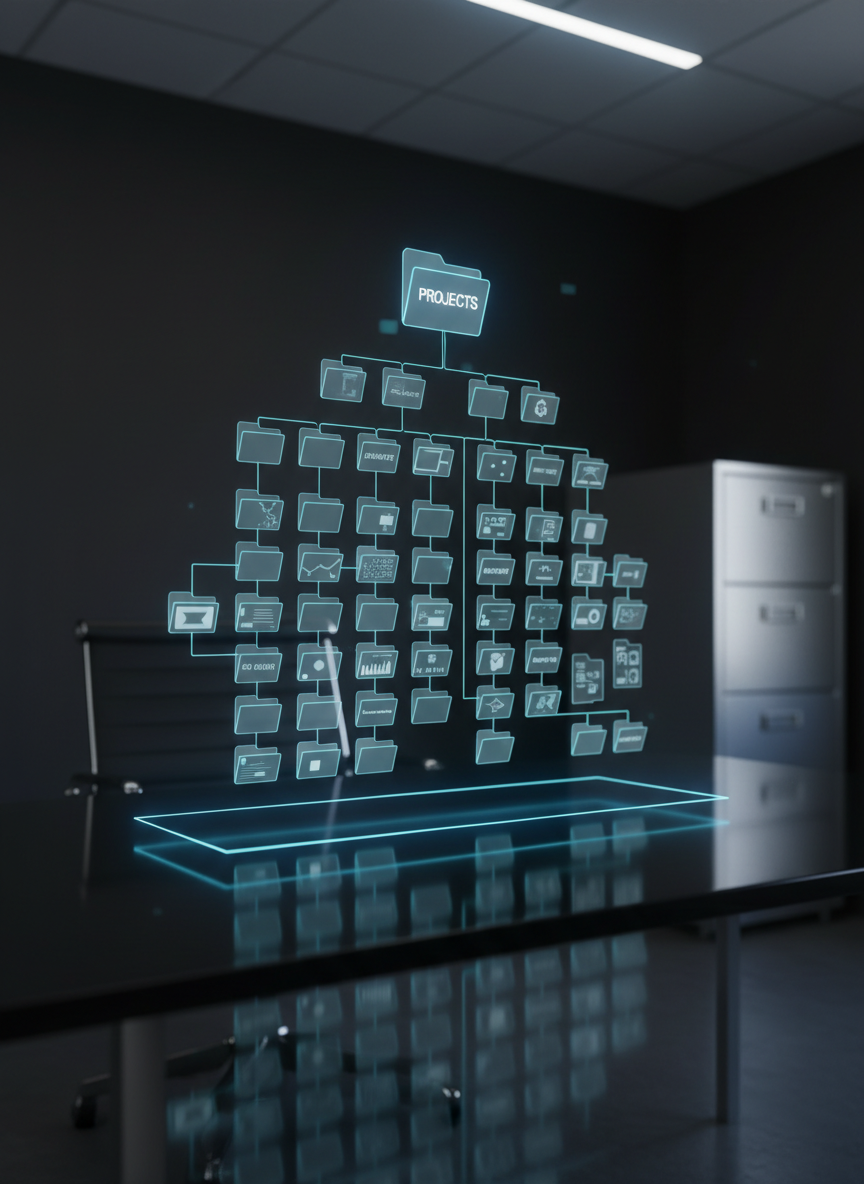 An ultra-organized virtual file tree projected as a semi-transparent holographic interface above a dark glass desk, each folder represented by sleek blue and grey geometric icons connected by thin luminous lines. The environment is a minimalistic, modern office corner with a matte black wall and a subtle hint of a filing cabinet in soft focus. Cool, diffused overhead lighting and a faint blue rim light create a high-tech, professional ambiance. Captured from a slightly low angle in photographic realism, the composition centers on the holographic structure with a shallow depth of field, symbolizing streamlined, future-ready electronic document organization with maximum clarity and order.