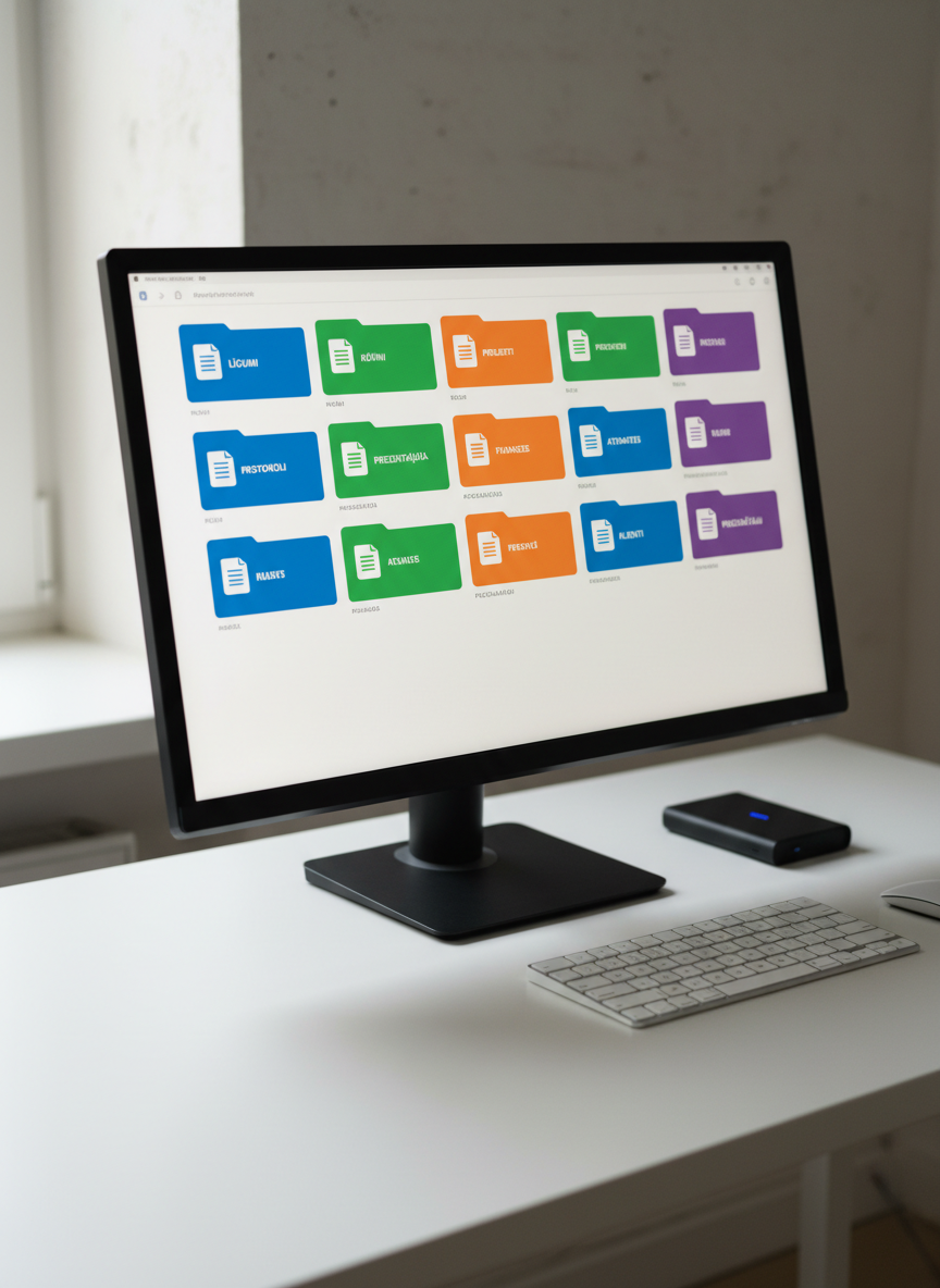 A meticulously organized digital document dashboard displayed on a sleek, frameless 27-inch monitor with a matte black bezel, standing on a clean white desk. Color-coded folders, neatly aligned PDF icons, and clear labeling in Latvian fill the screen in a structured grid. Around the monitor, there is only a slim wireless keyboard and a compact solid-state drive, emphasizing minimalism and order. Soft daylight from an unseen window to the left creates gentle reflections on the monitor and subtle shadows on the desk. Shot at eye level with photographic realism and a shallow depth of field, the background fades into a softly blurred neutral office wall, conveying professionalism, clarity, and absolute control over electronic documents.